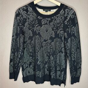 Ann Taylor Black and Cream Floral Patterned Crew Neck Sweater Size Medium Boho